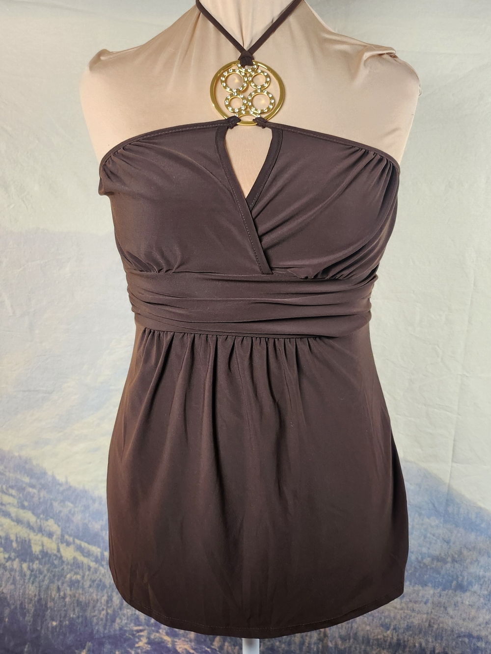 Y2K NWT Vintage Halter Empire-Waist Top with Gold Medallion in Dark Brown